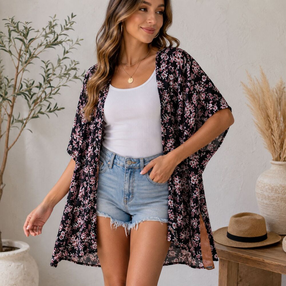 Forever 21 Floral Kimono S Black Pink Open Front Boho 2010s Y2K Beach Cover Up
